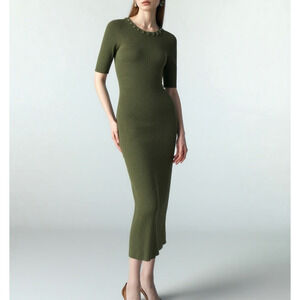 Camila Coelho Rib Knit Midi Dress Womens Size Medium Olive Green Stretch Bodycon